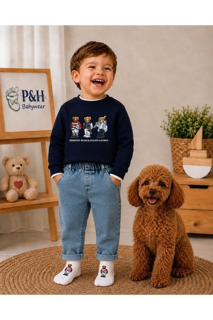 Digital Teddy Bear Printed Sweatshirt, Lycra Jeans, Socks, 3-Piece Baby Boy Set