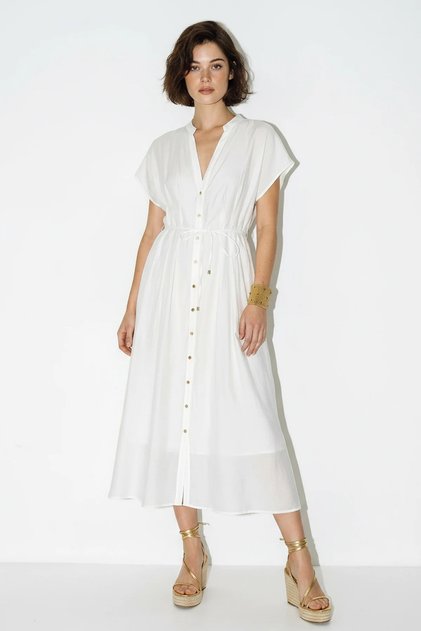 Women's V-Neck Lined Midi White Dress with Elastic Back and Pocket Detail