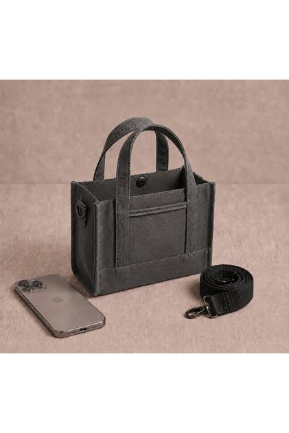 Dark Gray Mini Canvas Women's Hand and Shoulder Bag with Adjustable Strap and Snap Fastener Vintage 19X16X9 cm