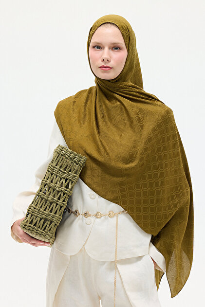 Italian Jacquard Shawl Checkerboard Pattern - Oil Green