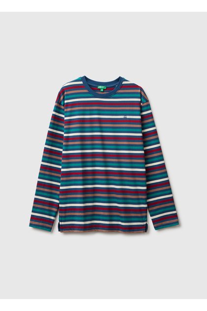 Boy's Dark Mix Logo Embroidered Striped Long Sleeve T-Shirt