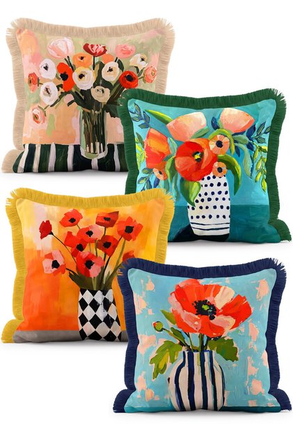 Oil Painting Vase Flower Patterned Multi-Colored 4-Piece Fringed Throw Pillow Cover Set
