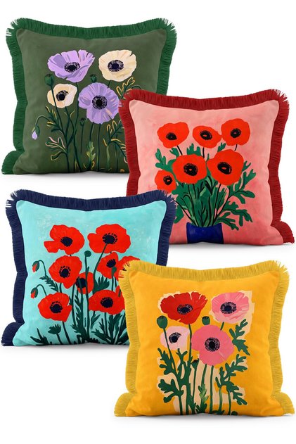 Colorful Botanical Poppy Flower Patterned 4-Piece Fringed Throw Pillow Cover Set