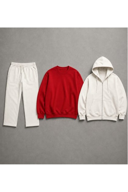 Unisex Design White Straight-Leg Baggy Sweatpants Red Crew Neck Sweatshirt White Zip-Up Cardigan 3-Piece Set