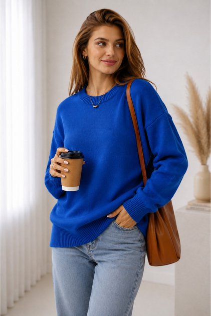 Blue Oversized Crew Neck Knitwear Women's Sweater