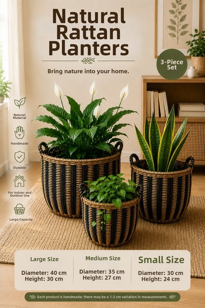 Set of 3 Natural Wicker Flower Pots Large Size Decorative Flower Basket Handmade Wicker Basket