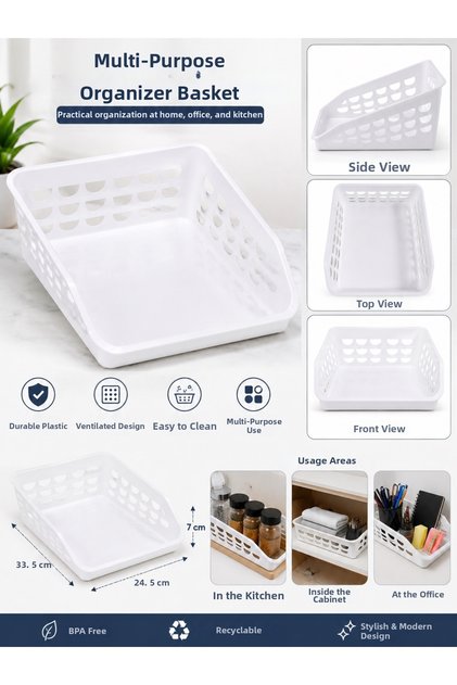 **Multi-Purpose Plastic Organizer Basket Kitchen Bathroom Cabinet Shelf Organizer White**
