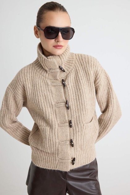 Cardigan tricotat cu nasturi, textură moale, bej, croială largă TWOAW26HI00307