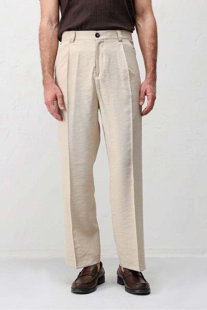Bej Pileli Relaxed Fit Erkek Pantolon