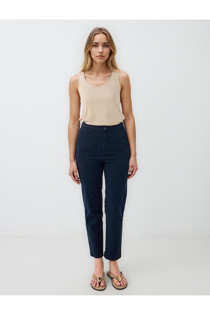 Navy Blue Regular Waist Regular Leg Gabardine Trousers