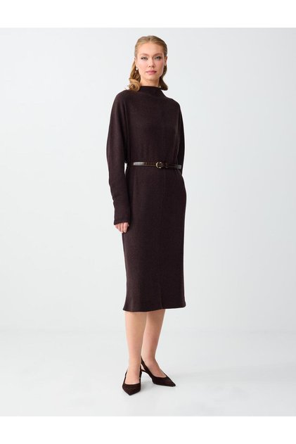 Coffee Melange Mock Neck Long Sleeve Soft-Textured Midi Knitted Dress