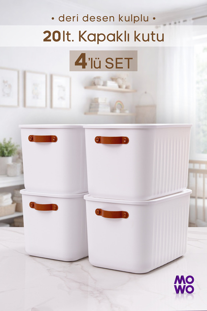 Manbos(中古品) Mowo Home BigBox Kulplu 20 Lt 4'lü Beyaz Dolap Düzenleyici Saklama