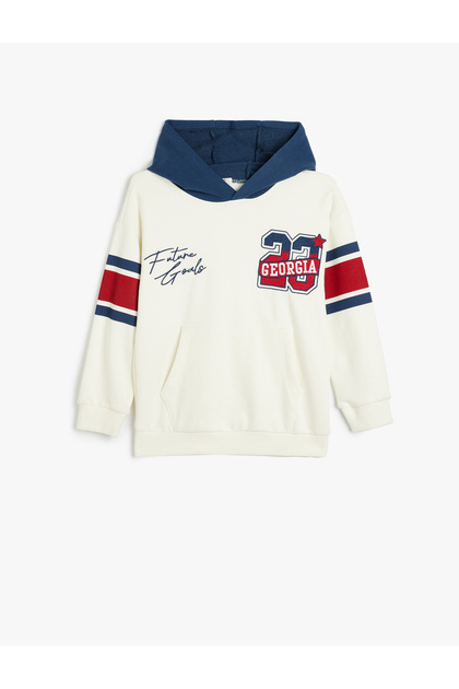 Kapşonlu Sweatshirt Uzun Kollu Kolej Baskılı Pamuklu Şardonlu