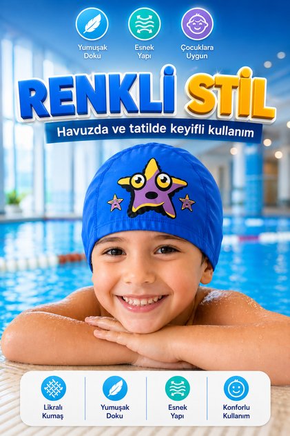 Luxury Fabric Children's Swimming Cap Lycra Fabric – Illustrated Patterned, Flexible and Comfortable, Pool & Sea Cap