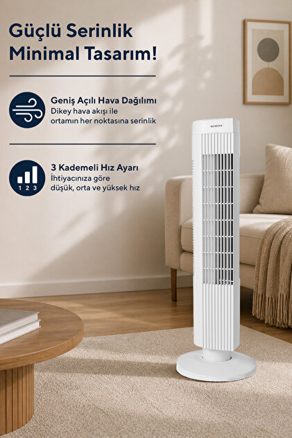 KUMTEL KTF-258W Kule Tipi Beyaz Vantilatör – 50W, Zaman Ayarlı, 3