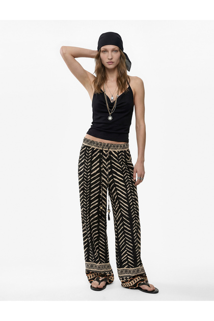 Viscose Salda Fabric Wide Leg Patterned Trousers with Pockets