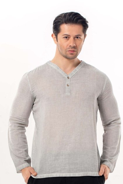 Long Sleeve Bora V-Neck Buttoned Poplin Men's T-Shirt | Summer Men's Tshirt Gray Gray