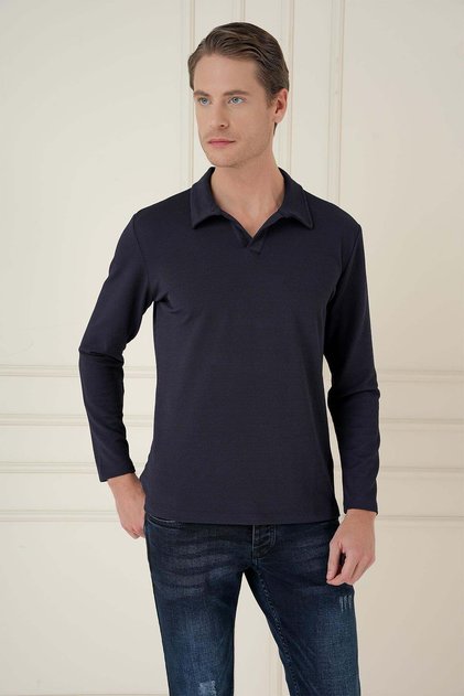 Men's Slim Fit Cotton Long Sleeve Polo Collar Navy Blue T-Shirt Ts 890