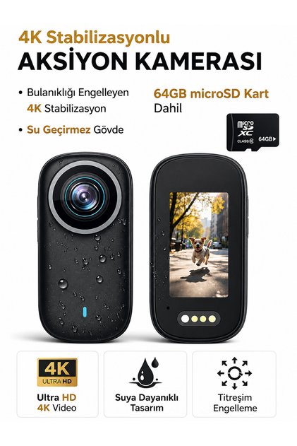4K Ultra HD Mini Aksiyon Kamerası Manyetik Klipsli Su Geçirmez Geniş Aksesuar Seti