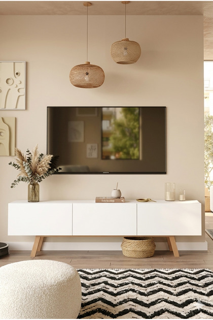Yurudesign Pulse Tv Ünitesi 3 Kapaklı 180cm Ahşap Ayaklı Beyaz Pu1
