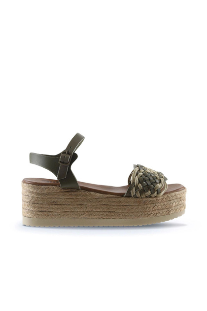 Khaki Leather Women's Wedge Heeled Espadrille Sandals 01Wu6109