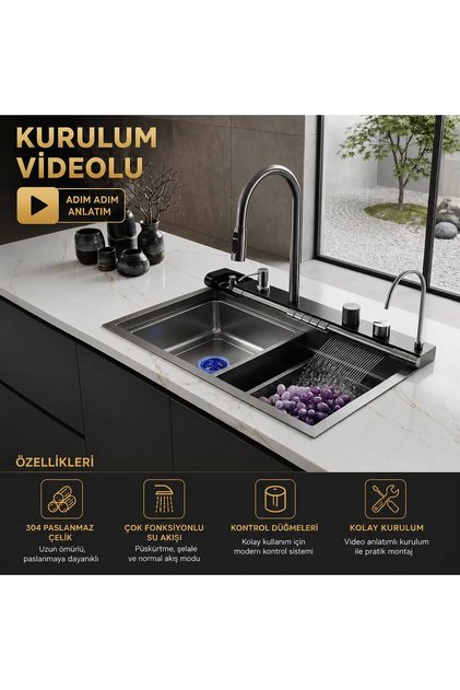 Premium Akıllı Teknolojik Eviye Seti Paslanmaz Bal Peteği Taban Evye Tüm Aksesuarlar Dahil-KURULUM VİDEOLU