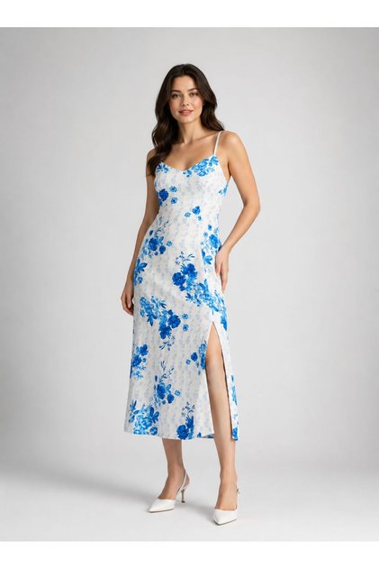 Blue Strappy Patterned Dress