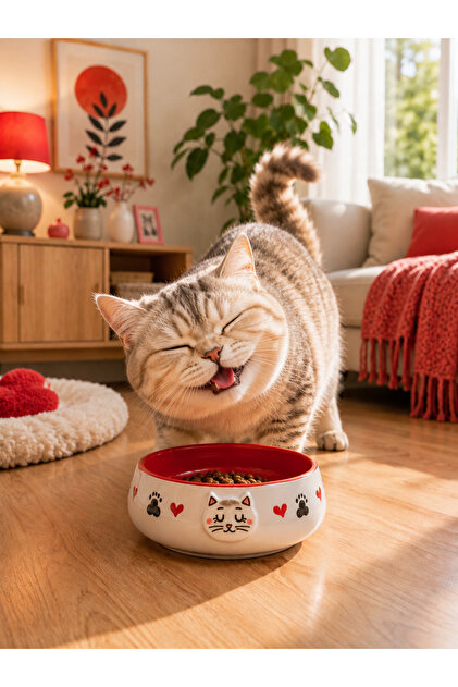 Seramik Kemik Desen Mama Kabı Kedi ve Köpekler için Sağlıklı Mama ve Su Kasesi Tek'li 600 ml