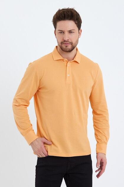 Men's Polo Neck Comfort Long Sleeve Basic Salmon T-Shirt