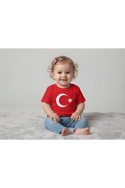 Children's Girl-Boy Moon Star Turkish Flag Short Sleeve T-Shirt