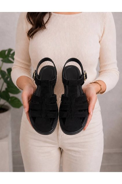 Women's Black Knitted Patterned Black Comfortable Suede Cage Sandals