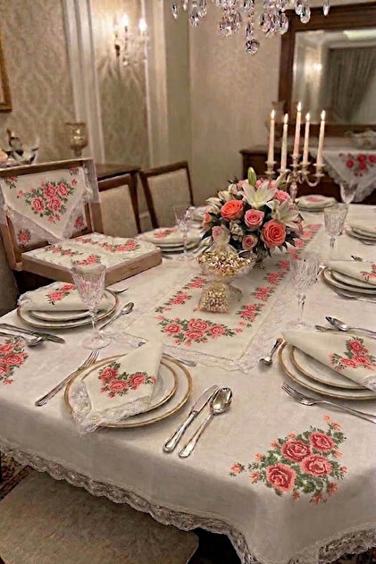 Cross-Stitch Tablecloth for 12 People Red Dinner Set – 26 Pieces 160X220Cm Cross-Stitch Printed Dinner Set