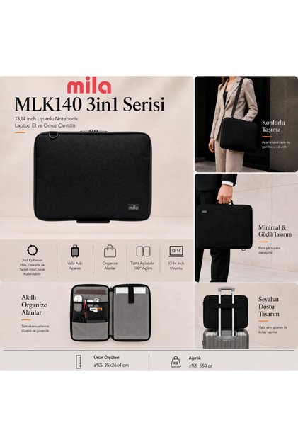 3in1 Series Mlk140 13,14 Inch Compatible Tablet, Laptop Hand and Shoulder Bag - Black