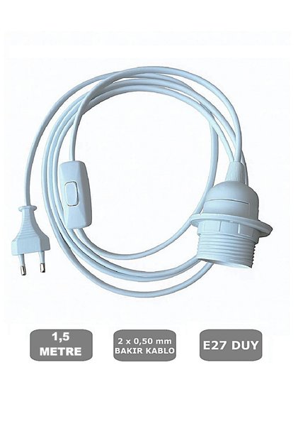 E27 Duylu 1,5 Metre Arapuarlı (Aç Kapat Anahtar) Fişli Abajur Duyu Seyyar (2X0,50) (Beyaz) 65W