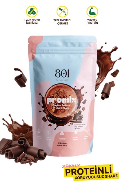 801 Promix Yüksek Proteinli Öğün Tozu - Çikolata Tadında Proteinli Shake -480 g 12 porsiyon