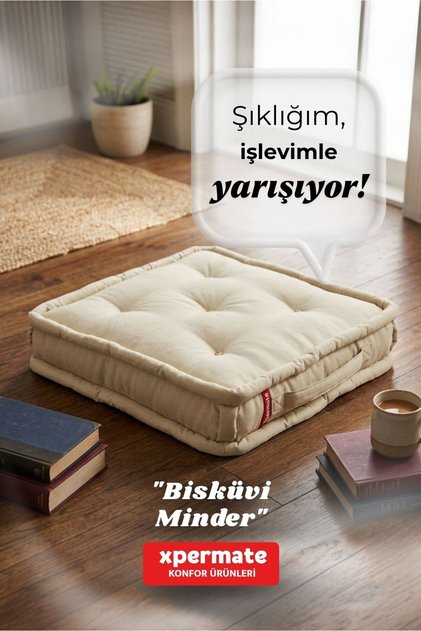 Yer Minderi Bisküvi Minder Petek Önü Fransız Minder 55x55x14 Balkon Bahçe Minderi Bej