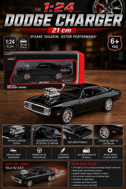 1:24 Scale Black Dodge Charger Metal Premium Model Car - Doors Opened Pull Back Diecast 21 cm