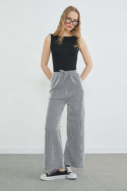 Çizgili Beli Lastikli Wide Leg Pantolon