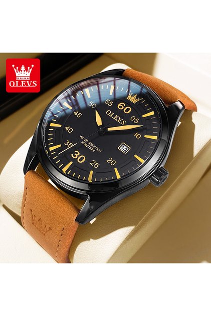 Brown Black OLEVS 9962 Top Quartz Watch for Men Nubuck Leather Strap Waterproof Luminous Calendar Me