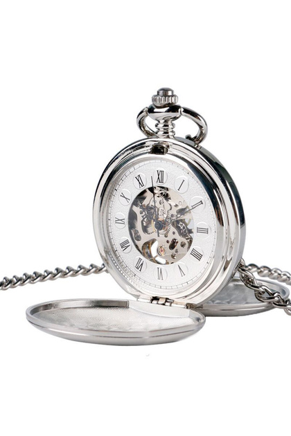 Silver Classic double face hand winding mechanical pocket watch smooth surface hollowed Roman numera