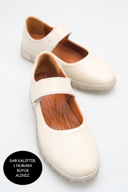 Halivaria Beige Leather Women's Genuine Ballerina Model Banded Orthopedic Sole Casual Shoes