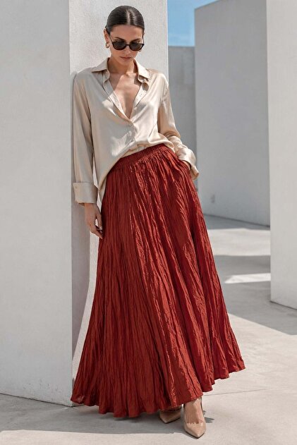 Burgundy Elastic Waist Wrinkled Micro Long Women's Skirt Mg2155
