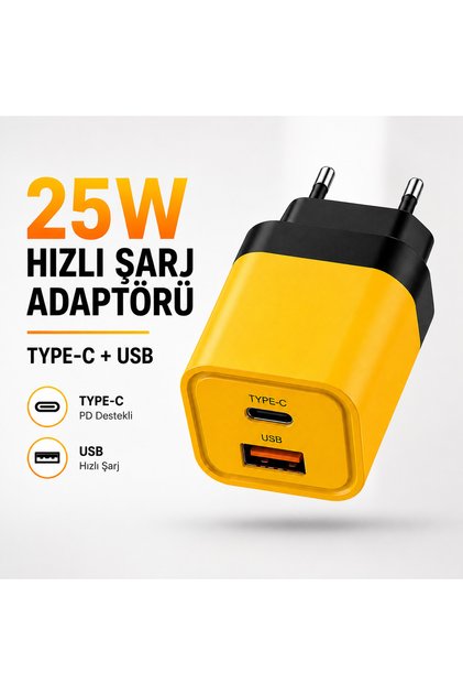 25W Hızlı Şarj Adaptörü Type-C + USB Çift Girişli Şarj Cihazı