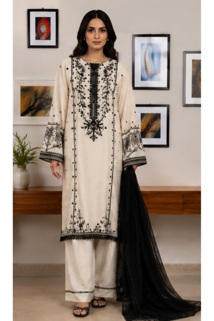 Chandni Ivory & Black Embroidered 3 Piece Suit
