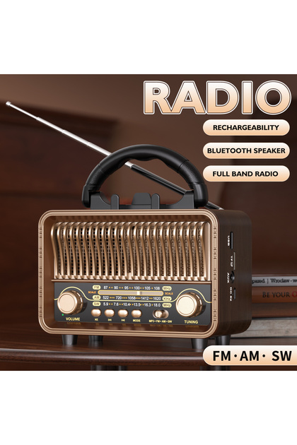 Brown Retro Wireless Radio Portable AM/FM/SW with USB Rechargeable Battery with Antenna, AUX and TF