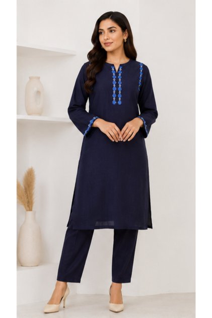 Midnight Blue Floral Embroidered 2-Piece Suit