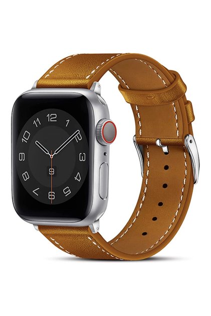 Каишка от естествена кожа за Apple Watch Ultra/SE/9/8/7/6/5/4/3/2/1 - 42/44/45/49MM, бели шевове, кафяв/бял