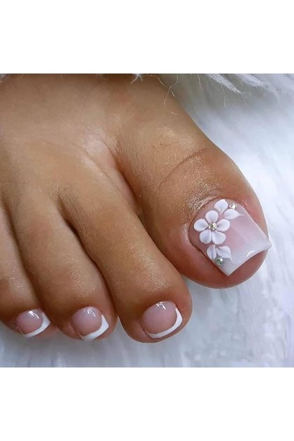 WHITE 24pcs Square Cherry Blossom Diamond Toenail Fake Nail Detachable and Reusable Jelly Glue 1pc C