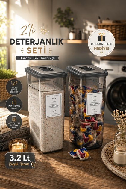 Set of 2 Multi-Purpose Powder and Tablet Detergent Storage Container with Diamond Label 3.3 Lt