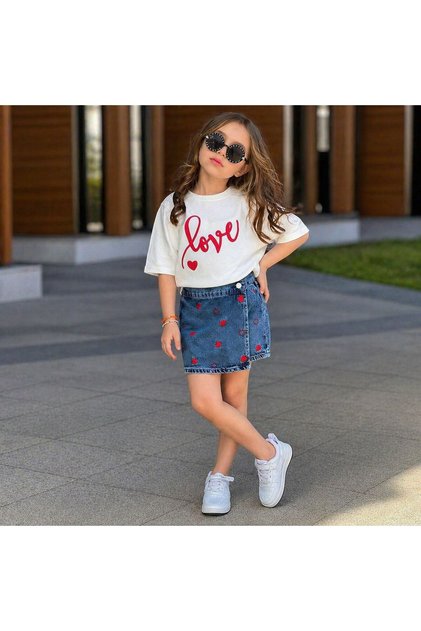 Girl's Love Printed Shorts Skirt Set Stylish Daily Combination